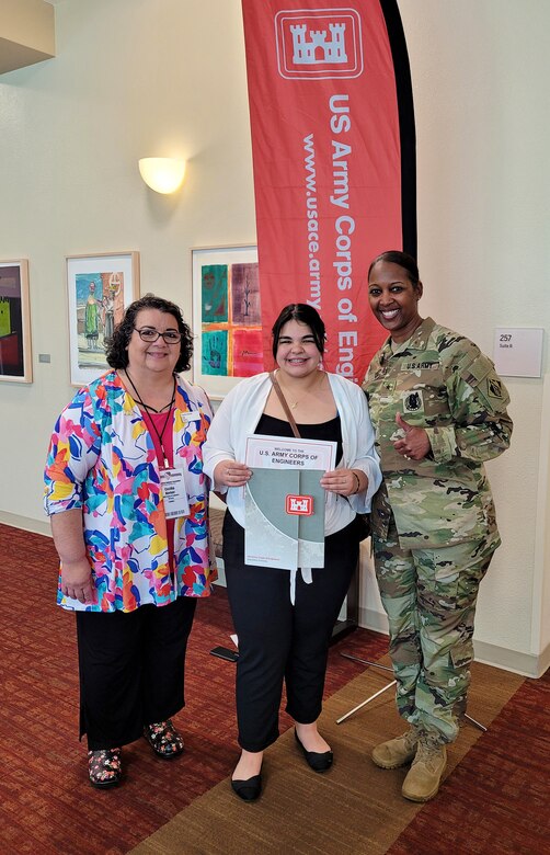 (l-r): Cecilia Horner, chief, Engineering and Construction Division, Albuquerque District; Viviana Morales, and Brig. Gen. Antoinette Gant, commanding general, USACE-South Pacific Division. Morales was one of the job applicants who accepted a mechanical engineering job offer with the Albuquerque District during the job expo at the 2023 League of United Latin American Citizens (LULAC) National Convention & Exposition, Aug. 2, 2023.
