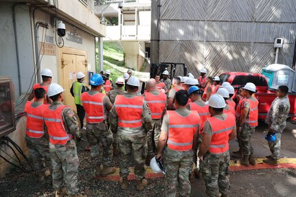 Service members assigned to Joint Task Force-Red Hill (JTF-RH) assemble prior to implementing additional aquifer protective measures at the Red Hill Bulk Fuel Storage Facility (RHBFSF), Halawa, Hawaii, Aug. 10, 2023. JTF-RH is in phase three of its five-phase defueling plan. Personnel are focused on completing quality control tasks, training, response preparation, the National Environmental Policy Act Environmental Assessment, regulatory approvals and operational planning for all major milestones. This extensive preparatory work will help ensure the safe and expeditious defueling of the RHBFSF. (DoD photo by U.S. Army Staff Sgt. Randall E. Corpuz)