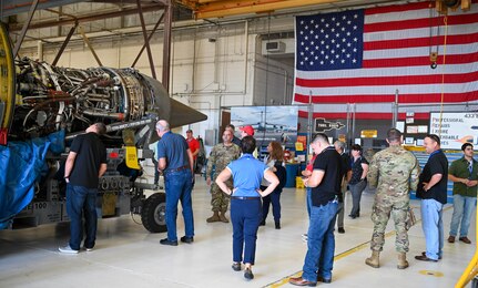 Civilian employers of Reserve Citizen Airmen tour the 433rd Airlift Wing’s engine maintenance shop as part of the Employer Support of the Guard and Reserve Bosslift program at Joint Base San Antonio-Lackland, Texas on Saturday Aug. 5, 2023. The program, hosted by the 433rd Airlift Wing, provides civilian employers of Reserve Citizen Airmen an opportunity to see what reservists do during monthly Unit Training Activities. (U.S. Air Force Photo by Julian Hernandez)