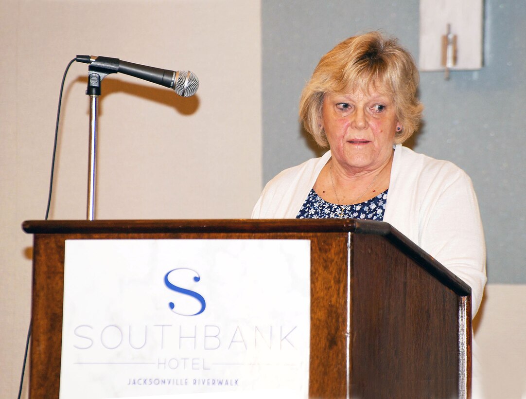 Mary Ann Ball, Fleet Readiness Center Southeast’s (FRCSE) production support branch head, serves as the keynote speaker during FRCSE’s 2023 apprentice graduation ceremony at Southbank Hotel Jacksonville Riverwalk. The command launched the renewed apprenticeship program in 2019, a combination work-study program that provides apprentices with a competitive wage and benefits while learning a journey-level trade. (U.S. Navy Photo by Toiete Jackson/Released)