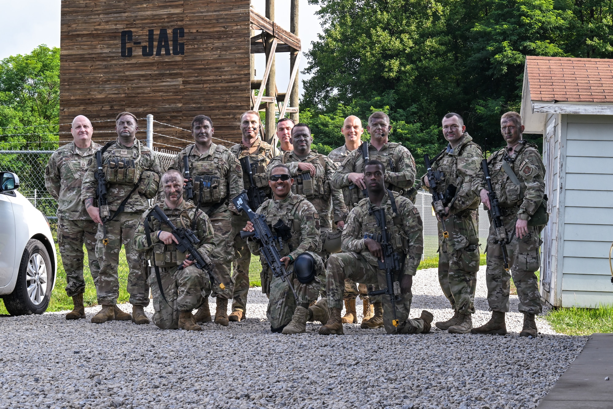 Defenders assigned to the North Carolina Air National Guard's 145th Security Forces Squadron pose for a photo prior to an Integrated Defense Leadership Course training exercise on July 27, 2023, at Camp James A. Garfield Joint Military Training Center, Ohio.
