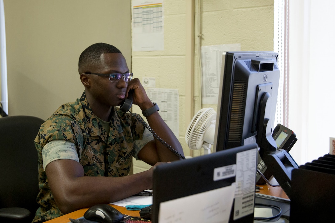 U.S. Marine Corps Cpl. Giford K.Etienne an Administrative Specialist with Headquarters and Headquarters Squadron S-1 conducts daily operations at Marine Corps Air Station Yuma Ariz., June 24, 2019. The mission of S-1 is to provide the Marines of H&HS with the highest quality and timely administrative support in the Marine Corps. (U.S. Marine Corps photo by Cpl. Sabrina Candiaflores)

Public Domain