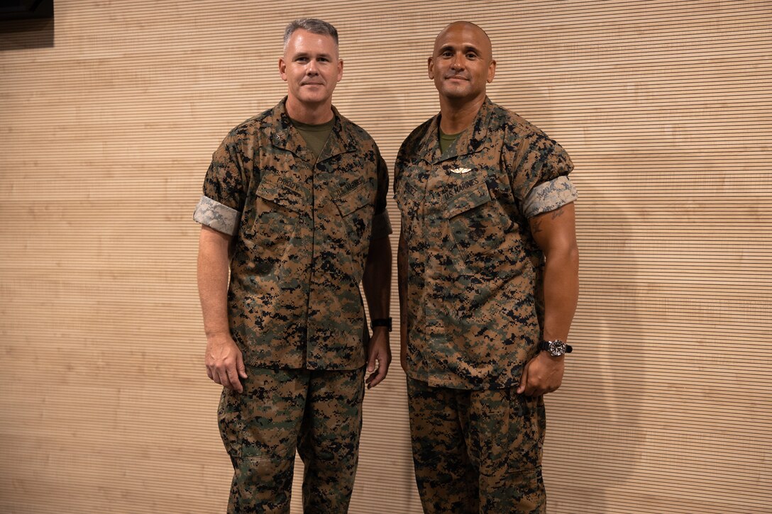 U.S. Marine Corps Brig. Gen. Andrew Priddy, Commanding General, left, and Sgt. Maj. Joseph Mendez, Sergeant Major, right, command team of 2nd Marine Expeditionary Brigade (2d MEB), stand for a photo after their command brief for Task Force 61/2 at Naval Support Activity (NSA) Naples, on July 21st 2023. Task Force 61/2 is deployed in the U.S. Naval Forces Europe areas of operations, employed by U.S. Sixth Fleet to defend U.S., allied and partner interests. (U.S. Marine Corps photo by Lance Cpl. Jack Labrador)