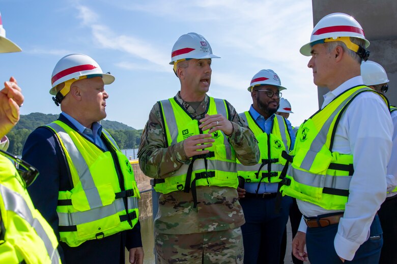 A groundbreaking ceremony at Montgomery Locks and Dam in Monaca, Pennsylvania.