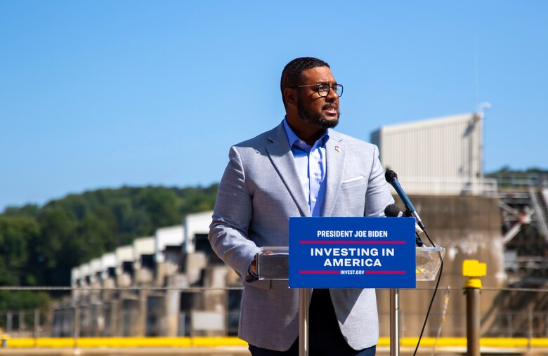 A groundbreaking ceremony at Montgomery Locks and Dam in Monaca, Pennsylvania.