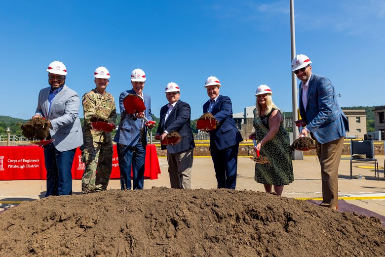 A groundbreaking ceremony at Montgomery Locks and Dam in Monaca, Pennsylvania.