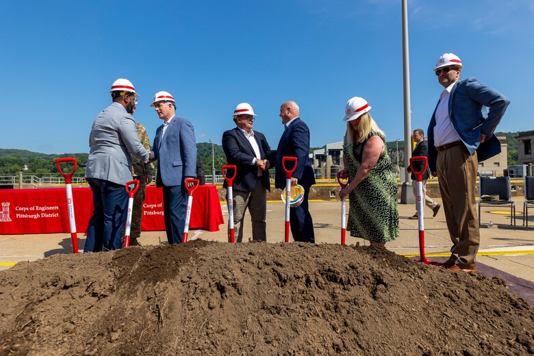 A groundbreaking ceremony at Montgomery Locks and Dam in Monaca, Pennsylvania.