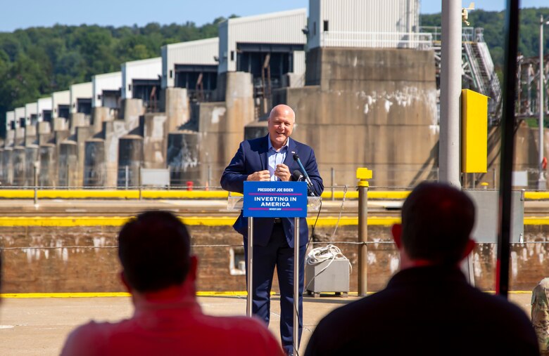 A groundbreaking ceremony at Montgomery Locks and Dam in Monaca, Pennsylvania.