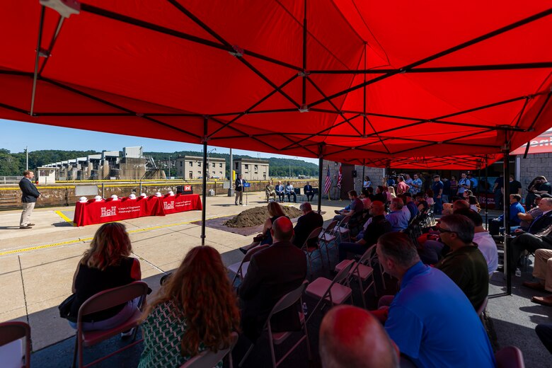 A groundbreaking ceremony at Montgomery Locks and Dam in Monaca, Pennsylvania.