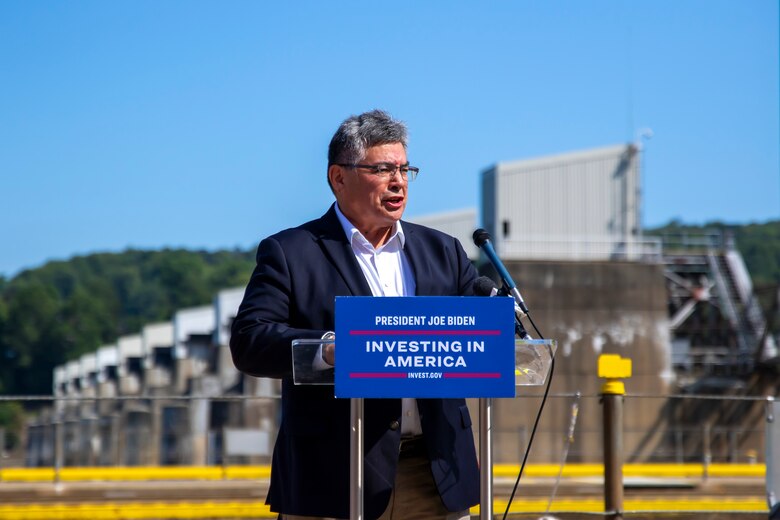 A groundbreaking ceremony at Montgomery Locks and Dam in Monaca, Pennsylvania.