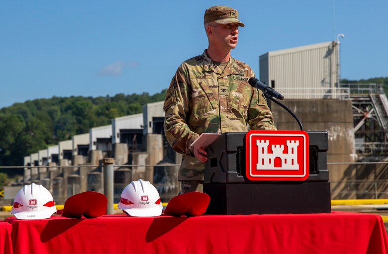 A groundbreaking ceremony at Montgomery Locks and Dam in Monaca, Pennsylvania.