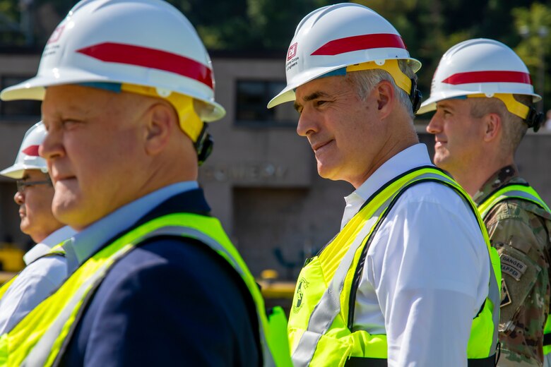 A groundbreaking ceremony at Montgomery Locks and Dam in Monaca, Pennsylvania.