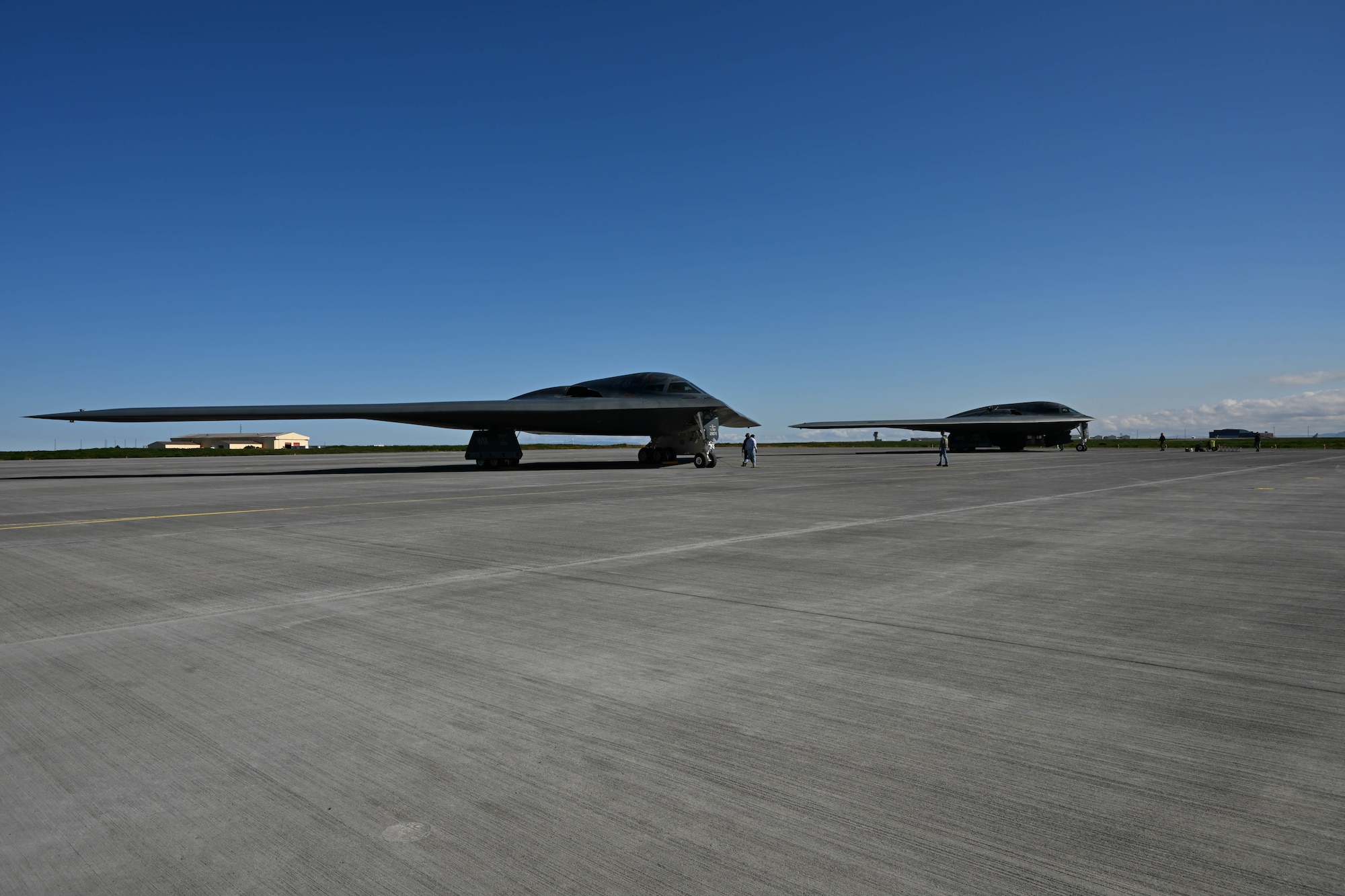Two B-2 Spirits from Whiteman Air Force Base, Mo., arrive in Keflavik, Iceland to participate in a Bomber Task Force Europe operation with NATO allies, Aug. 13, 2023.