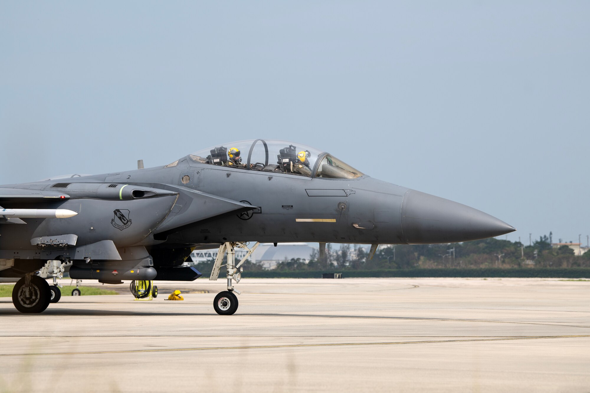 A U.S. Air Force F-15E Strike Eagle assigned to the 336th Fighter Squadron, Seymour Johnson Air Force Base, North Carolina, taxis to the runway at Kadena Air Base, Japan, Aug. 11, 2023. Kadena Air Base conducts operations in support of the defense of Japan and supports U.S. efforts to preserve a free and open Indo-Pacific region. (U.S. Air Force photo by Staff. Sgt. Jessi Roth)