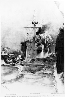 An artist’s rendering of the German squadron that appeared in Manila Bay in the month following Admiral Dewey’s victory over the Spanish squadron there on 1 May 1898.