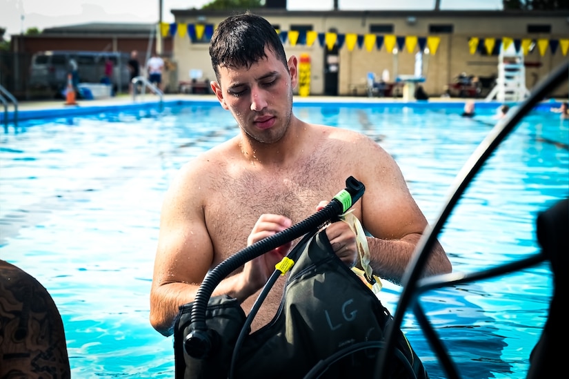 Service members assigned to Joint Base McGuire-Dix-Lakehurst participate in a scuba diving certification training during a Better Opportunities for Single Service Members event on 28, July 2023, at Army Support Activity Fort Dix. The BOSS program provides activities to single service members in the dorms, single parents, and geographical bachelors. These events include life skills, outdoor recreation, leisure activities, and community service opportunities.