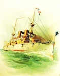 A painting of Admiral Dewey’s flagship, the cruiser Olympia (Cruiser no. 6), at the Battle of Manila Bay on 1 May 1898.