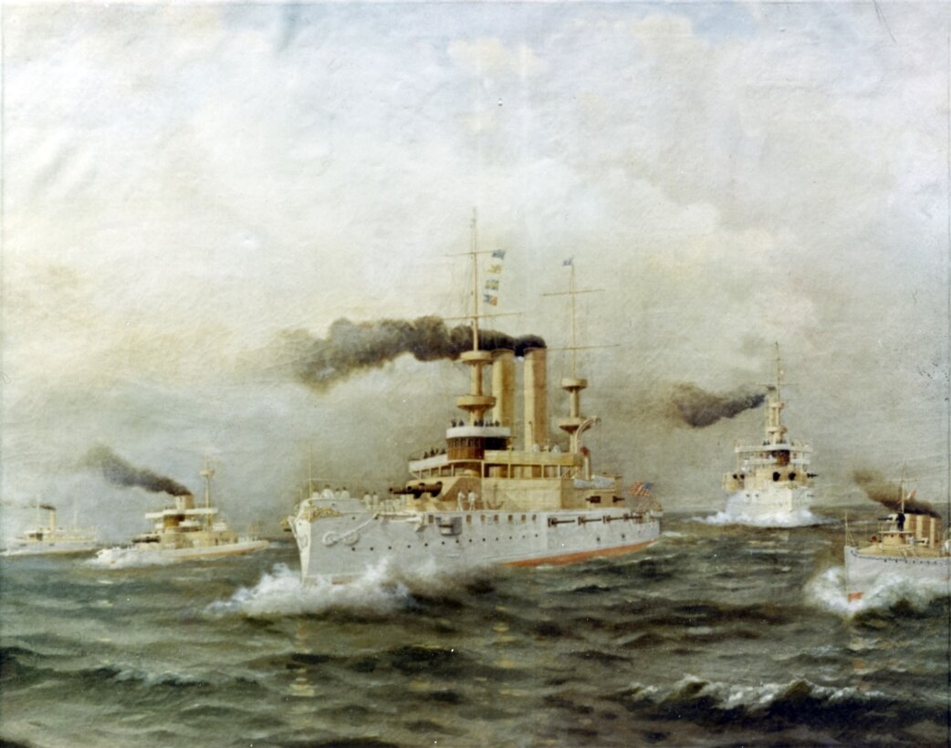 An artist’s depiction of several of the US Navy’s new steel warships that emerged victorious in the Spanish-American War.