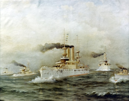An artist’s depiction of several of the US Navy’s new steel warships that emerged victorious in the Spanish-American War.