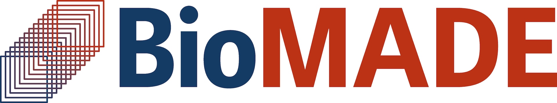 Logo for the manufacturing innovation institute, BioMade. Includes a blue and red transitioning square graphic next to the letters Bio in navy blue and Made in all caps in the color red.