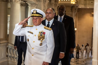 ANNAPOLIS, Md. (Aug. 14, 2023) - Chief of Naval Operations (CNO) Adm. Mike Gilday arrives at the relinquishment of office ceremony at the United States Naval Academy, Aug. 14. In accordance with Title 10 of United States Code 8035, the Vice Chief of Naval Operations, Adm. Lisa Franchetti, will perform the duties of the CNO until a 33rd Chief of Naval Operations is appointed. (U.S. Navy photo by Chief Mass Communication Specialist Amanda R. Gray/Released)