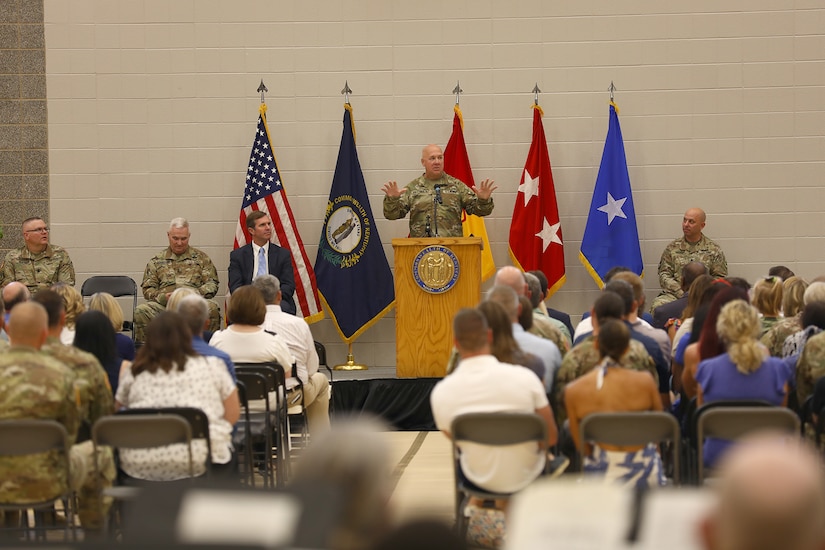 Col. Steve Mattingly speaks to Soldiers with the 138th Field Artillery Brigade during a departure ceremony in Lexington, Ky., Aug. 13, 2023. (U.S. Army National Guard photo by 1st. Sgt. Scott Raymond)