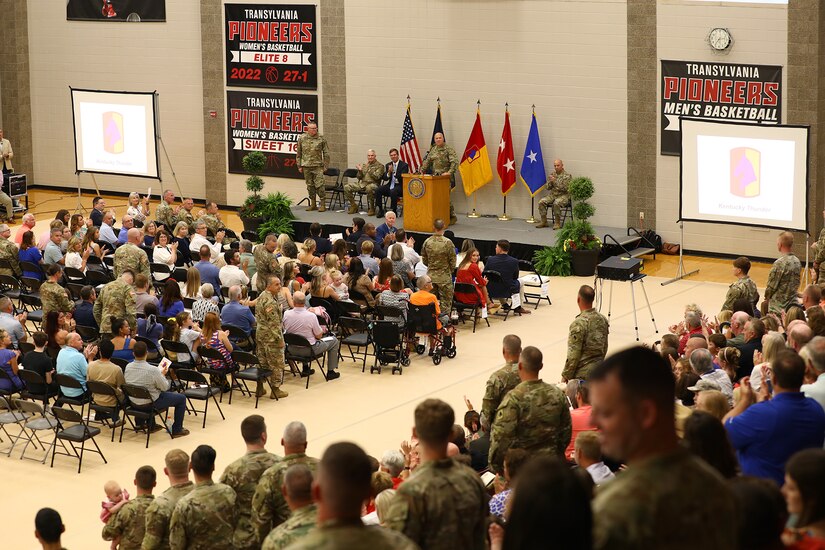 Col. Steve Mattingly speaks to Soldiers with the 138th Field Artillery Brigade during a departure ceremony in Lexington, Ky., Aug. 13, 2023. (U.S. Army National Guard photo by 1st. Sgt. Scott Raymond)