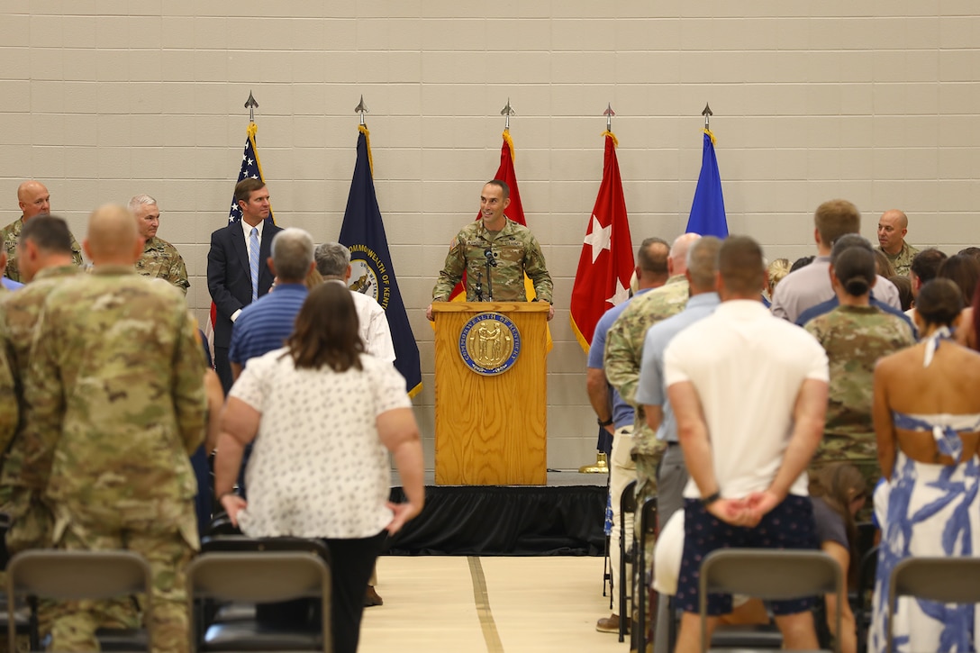 Chaplain (LTC) Shane Blankenship offers the Benediction during a departure ceremony for 138th Field Artillery Brigade during in Lexington, Ky., Aug. 13, 2023. (U.S. Army National Guard photo by 1st. Sgt. Scott Raymond)