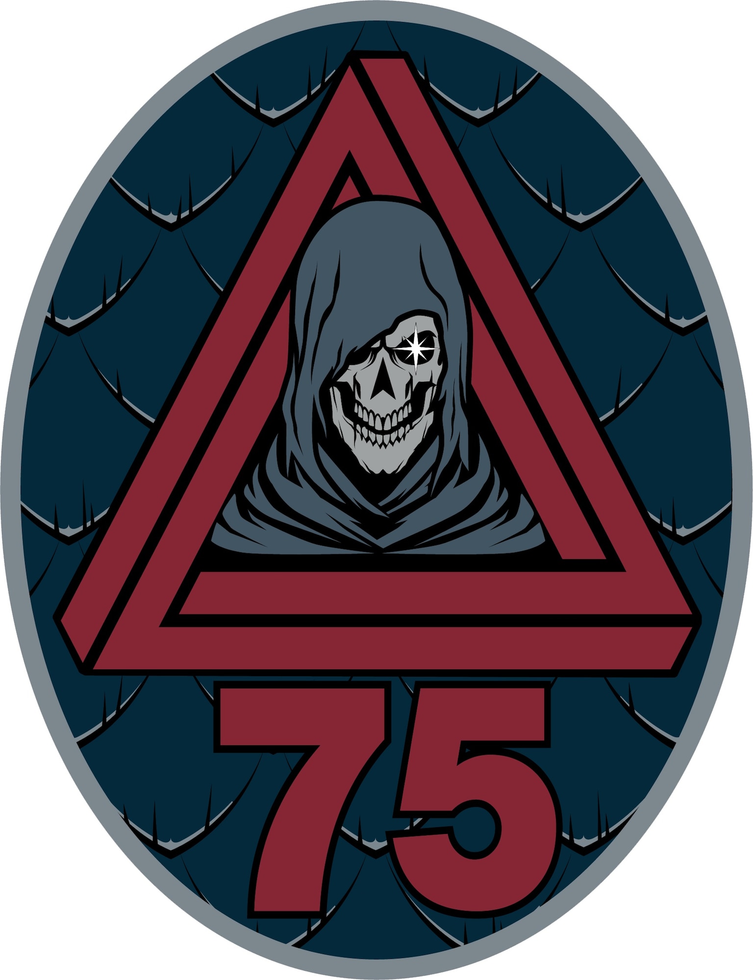 The patch shows a reaper inside of a 3D red triangle, with a large red 75 below it. The background is a vertical orientated dark blue oval textured with scales.