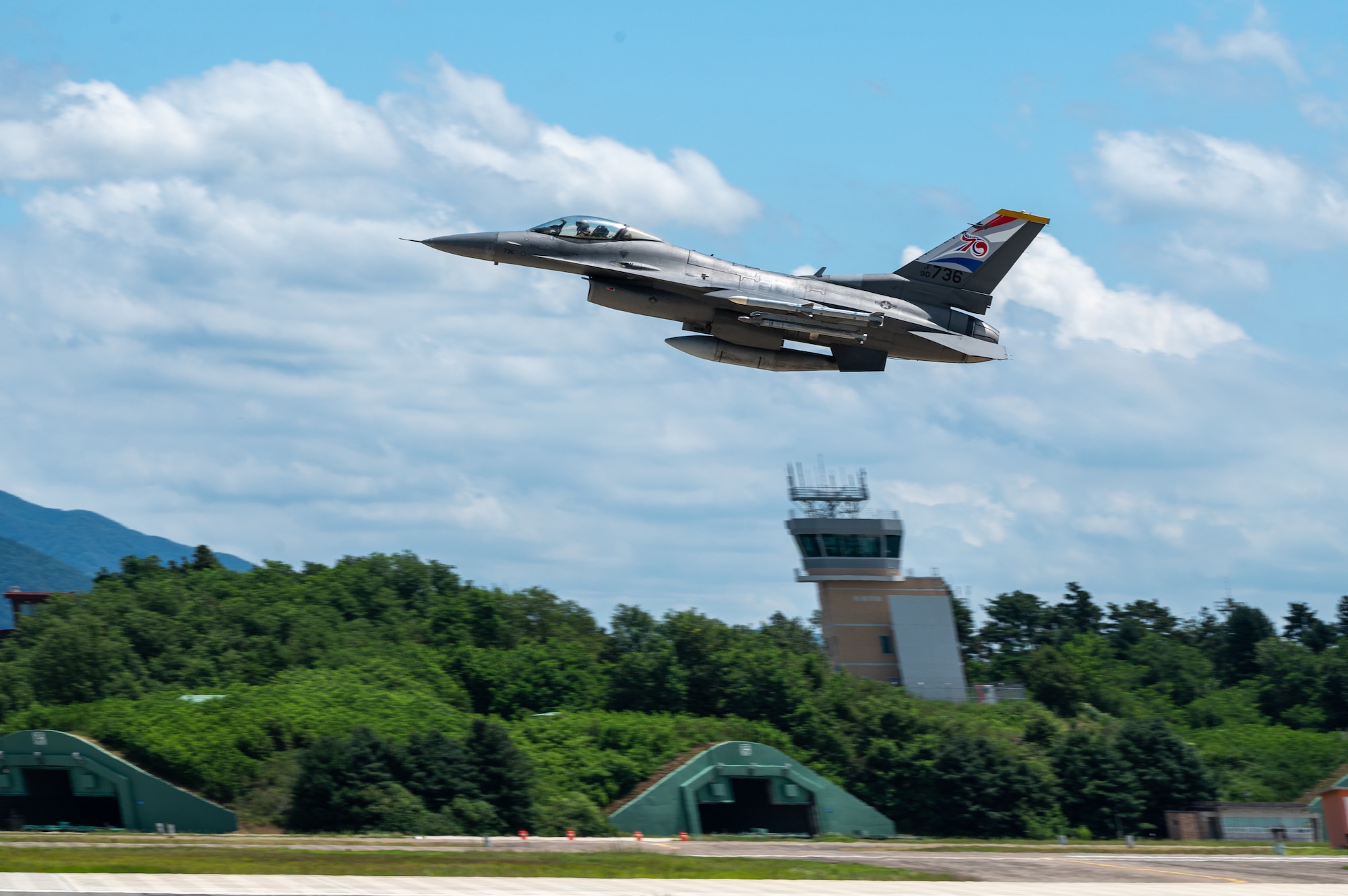 An U.S. Air Force F-16 Fighting Falcon takes off to participate in a training mission during a U.S.-Republic of Korea Buddy Squadron event