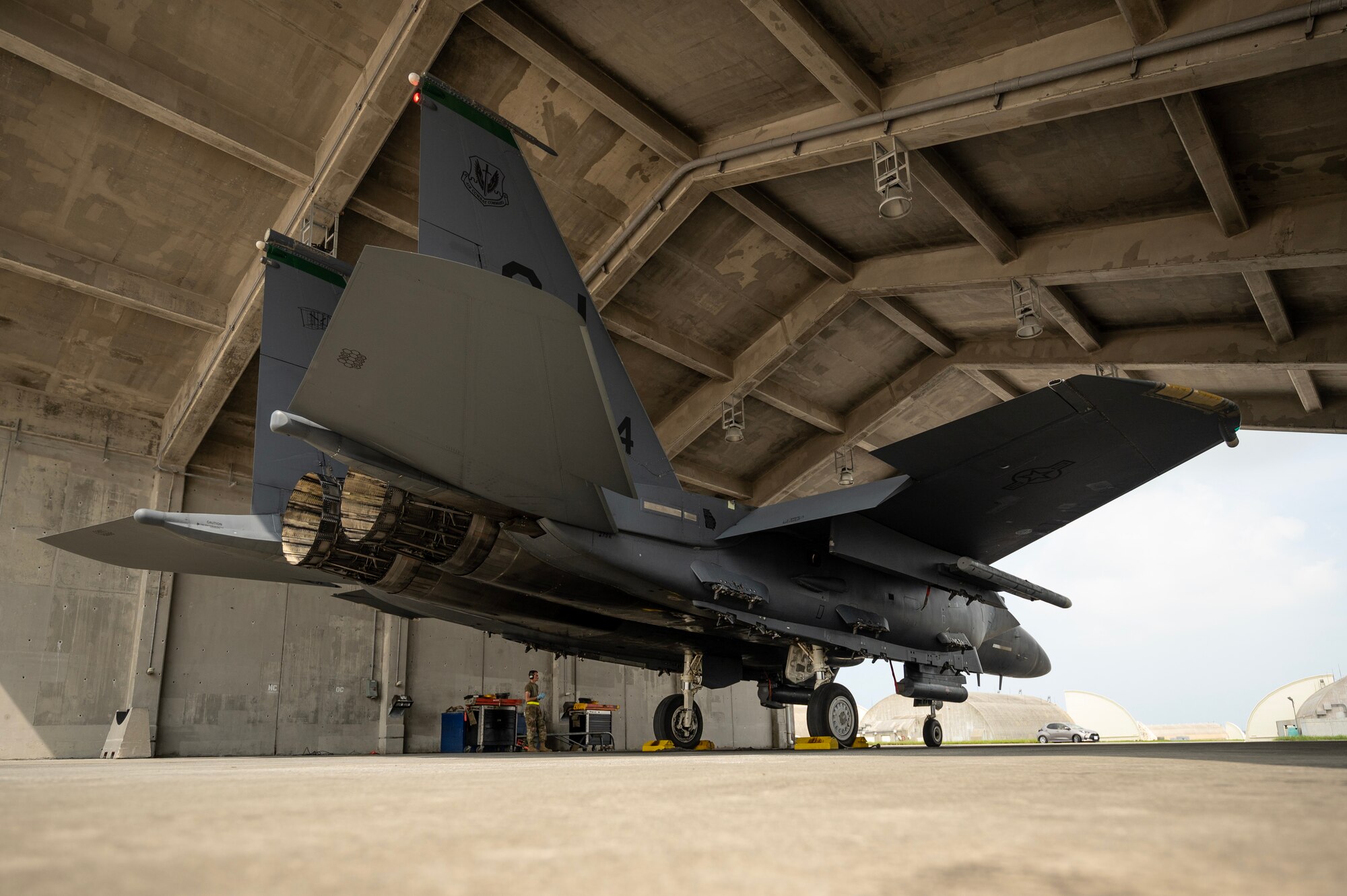 A U.S. Air Force F-15E Strike Eagle assigned to the 336th Fighter Squadron, Seymour Johnson Air Force Base, North Carolina, is parked on the flightline at Kadena Air Base, Japan, Aug. 11, 2023. Kadena Air Base conducts operations in support of the defense of Japan and supports U.S. efforts to preserve a free and open Indo-Pacific region. (U.S. Air Force photo by Staff. Sgt. Jessi Roth)