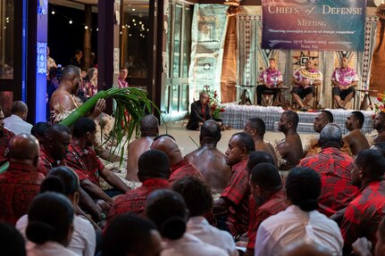 Participants in a traditional Fiji ceremony set an offering down after presenting it to Fiji Prime Minister Sitiveni Rabuka during the opening night for the 25th annual Indo-Pacific Chiefs of Defense (CHODs) conference, in Nadi, Fiji, on Aug. 14. The conference was co-hosted by the Republic of Fiji Military Forces and USINDOPACOM, and it brought together senior military leaders from 27 countries to discuss challenges and opportunities in the region. USINDOPACOM is committed to enhancing stability in the Indo-Pacific region by promoting security cooperation, encouraging peaceful development, responding to contingencies, deterring aggression and, when necessary, fighting to win. (U.S. Navy photo by Chief Mass Communication Specialist Shannon M. Smith)