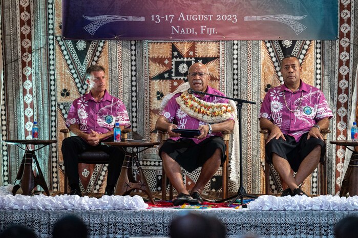 Commander U.S. Indo-Pacific Command Adm. John C. Aquilino, Fiji Prime Minister Sitiveni Rabuka, and Commander of the Republic of Fiji Military Forces Maj. Gen. Jone Kalouniwai attend the opening ceremony for the 25th annual Indo-Pacific Chiefs of Defense (CHODs) conference, in Nadi, Fiji, on Aug. 14. The conference was co-hosted by the Republic of Fiji Military Forces and USINDOPACOM, and it brought together senior military leaders from 27 countries to discuss challenges and opportunities in the region. USINDOPACOM is committed to enhancing stability in the Indo-Pacific region by promoting security cooperation, encouraging peaceful development, responding to contingencies, deterring aggression and, when necessary, fighting to win. (U.S. Navy photo by Chief Mass Communication Specialist Shannon M. Smith)