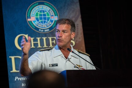 Adm. John C. Aquilino, Commander U.S. Indo-Pacific Command, speaks at the 25th annual Indo-Pacific Chiefs of Defense (CHODs) conference, in Nadi, Fiji, on Aug. 15. The conference was co-hosted by the Republic of Fiji Military Forces and USINDOPACOM, and it brought together senior military leaders from 27 countries to discuss challenges and opportunities in the region. USINDOPACOM is committed to enhancing stability in the Indo-Pacific region by promoting security cooperation, encouraging peaceful development, responding to contingencies, deterring aggression and, when necessary, fighting to win. (U.S. Navy photo by Chief Mass Communication Specialist Shannon M. Smith)
