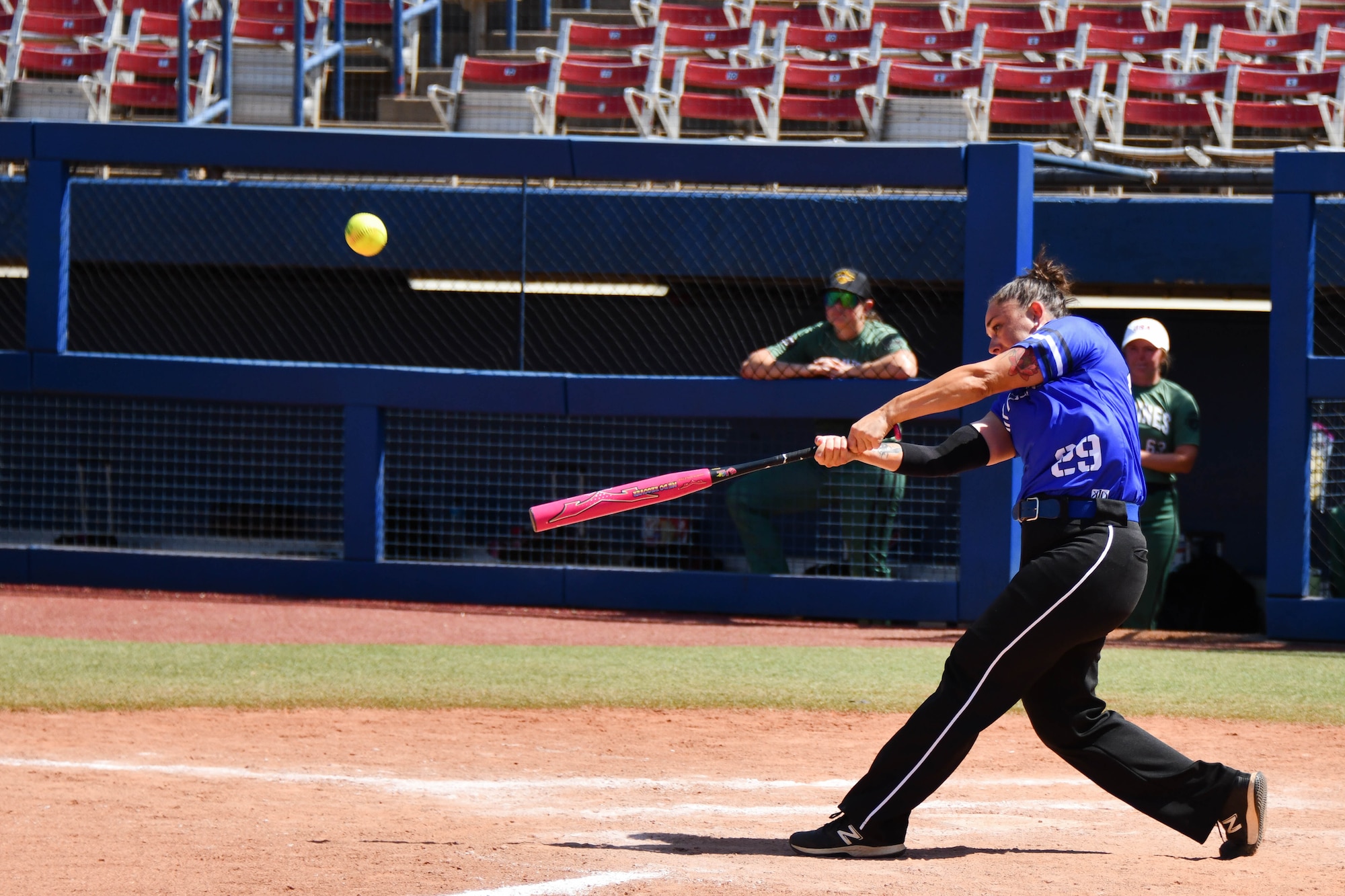 U.S. Air Force Staff Sgt. Isabel Guajardo, 633rd Dental Squadron noncommissioned officer in charge of the annual dental readiness assurance program, hits a softball at the USA Softball Hall of Fame Complex in Oklahoma City, Aug. 8, 2023. The Armed Forces Sports have been in effect for more than 70 years. (U.S. Air Force photo by Airman 1st Class Miyah Gray)