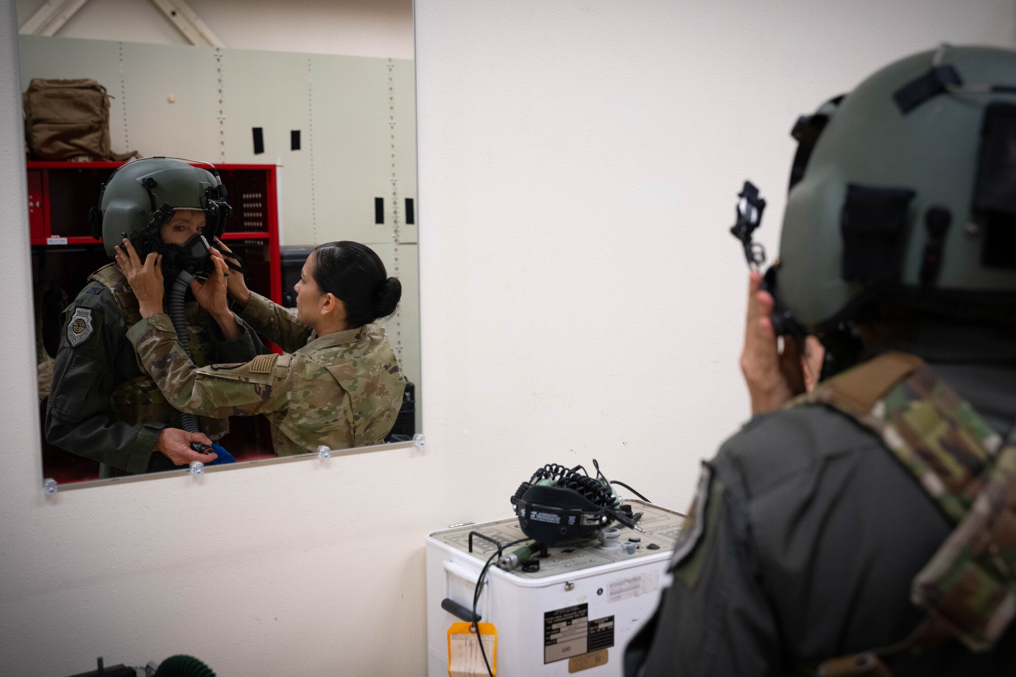 Maj. Gen. Jeannie M. Leavitt gets suited up with the aircrew flight equipment shop prior to her final flight