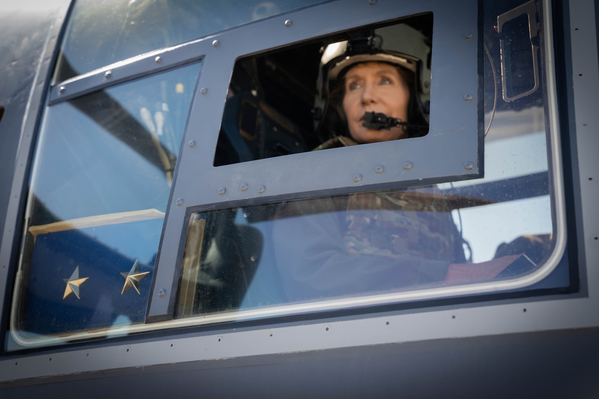 Maj. Gen. Jeannie M. Leavitt sits in the cockpit of a CV-22 Osprey for her flight with the service