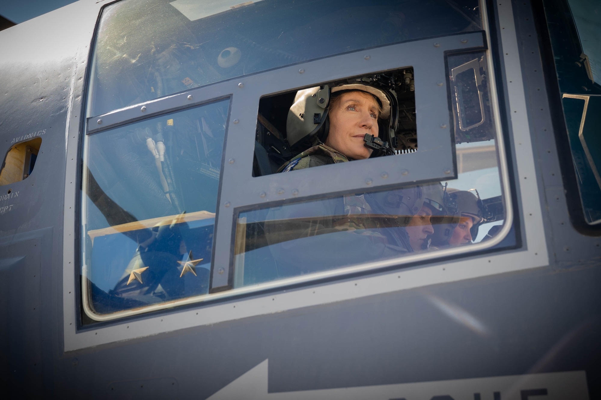 aj. Gen. Jeannie M. Leavitt sits in the cockpit of a CV-22 Osprey for her flight with the service