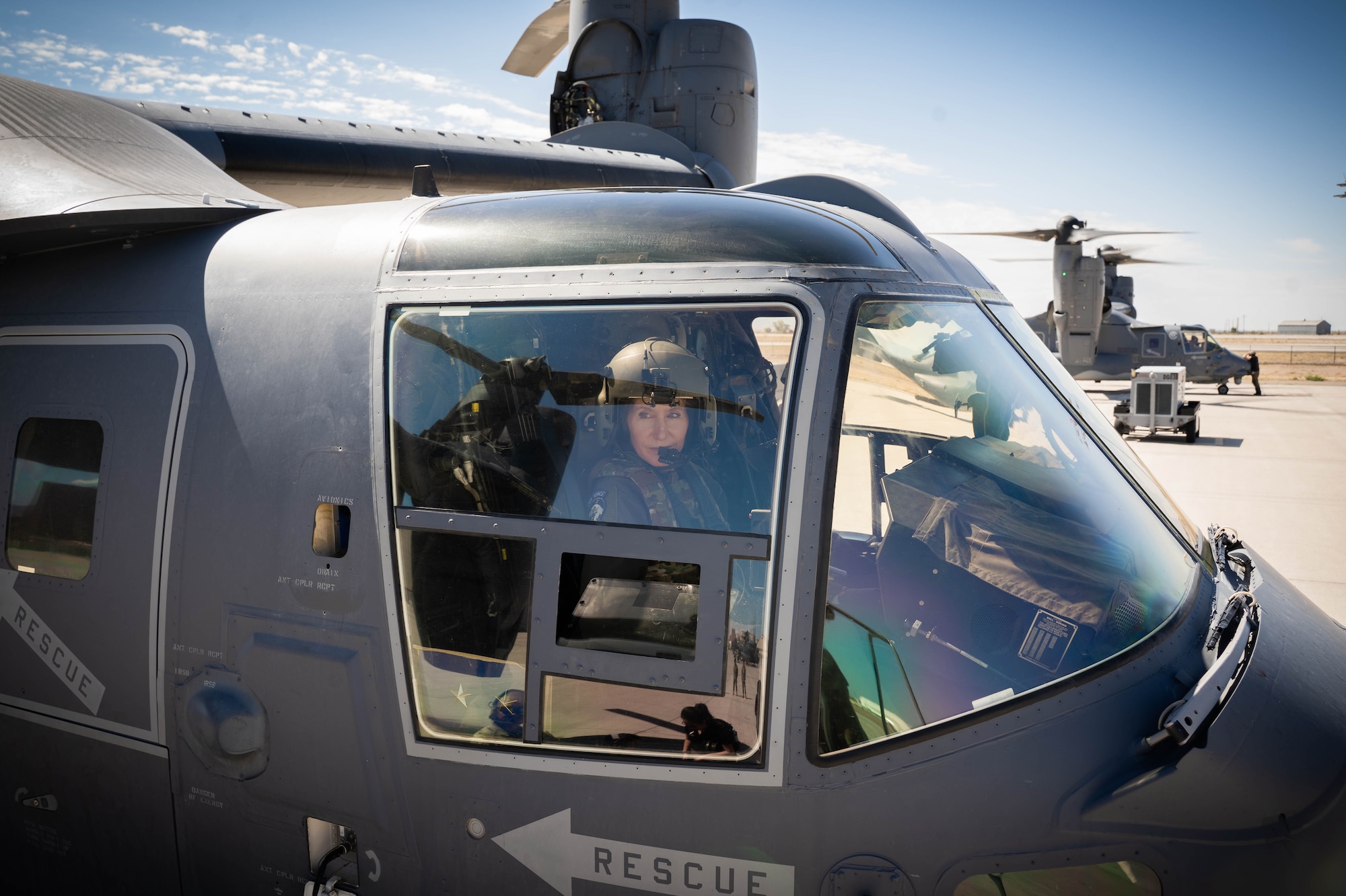 Maj. Gen. Jeannie M. Leavitt sits in the cockpit of a CV-22 Osprey for her flight with the service