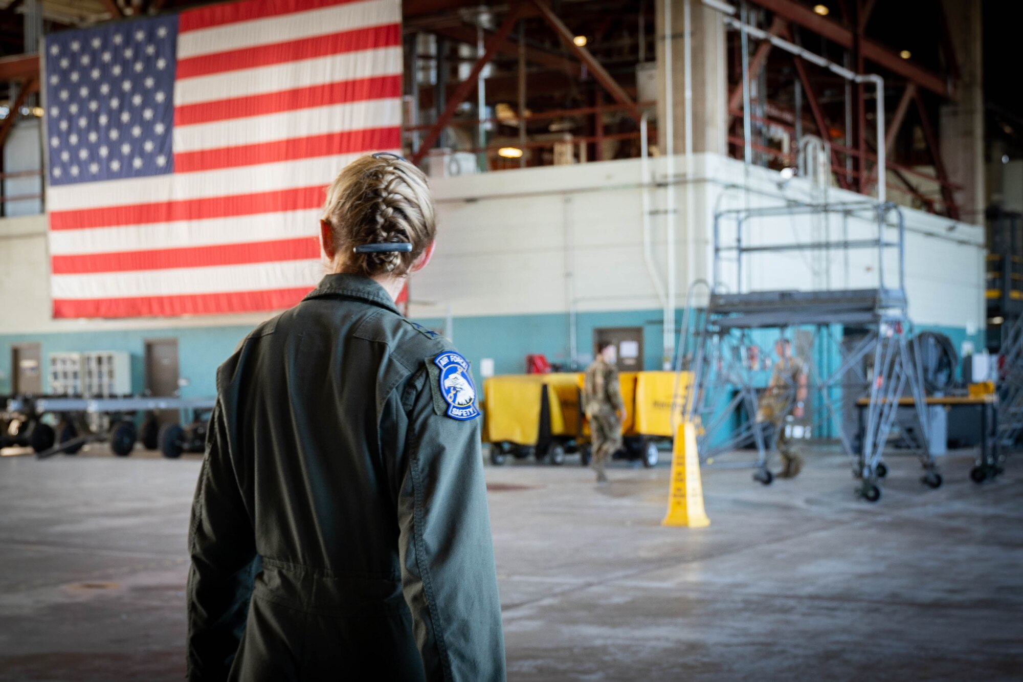 Maj. Gen. Jeannie M. Leavitt walks through the hangar prior to her final flight with the service