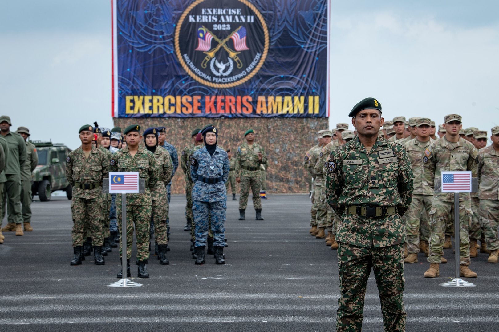 Combined service members from 19 countries participate in the opening ceremony of Exercise Keris Aman 23, a Multinational Peacekeeping Exercise, at the Malaysian Peacekeeping Centre on Aug. 13, 2023. . Keris Aman 2023 is a multinational United Nations Peacekeeping (UN PKO) exercise conducted in Malaysia and co-sponsored by U.S. Indo-Pacific Command and the Malaysian Armed Forces. The exercise is designed to strengthen military-to-military relationships and enhance the core PKO competencies of all participants in accordance with UN doctrine. (U.S. Marine Corps photo by Lance Cpl John Hall)