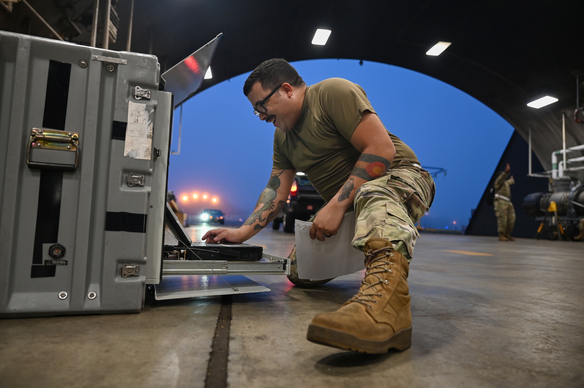 U.S. Air Force Staff Sgt. Devante Hooks, 87th Electronic Warfare Squadron Combat Shield avionics electronic warfare (EW) technician, powers up the AN/USM-642A at Misawa Air Base, Japan, Aug. 8, 2023. Combat Shield focuses on EW assessments to ensure the operability and survivability of detection, warning, and countermeasures against Electromagnetic Spectrum threats in contested environments. (U.S. Air Force photo by Staff Sgt. Ericka A. Woolever)
