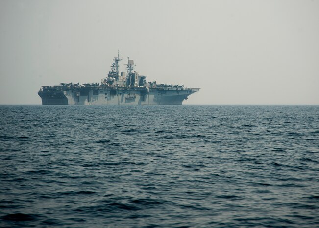 The amphibious assault ship USS Bataan (LHD 5) steams underway in the Arabian Gulf.
