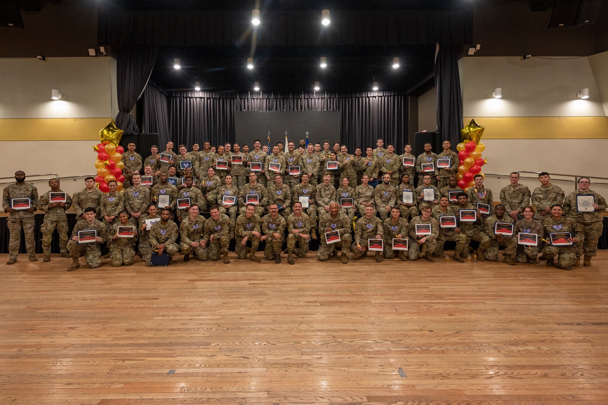 U.S. Air Force staff sergeant selectees pose for a photo at the Staff Sgt. release party at Osan Air Base, Republic of Korea, Aug. 16, 2023. Air Force officials have selected 9,000 senior airmen for promotion to Staff Sgt. out of 51,717 eligible for a selection rate of 17.4 percent in the 23E5 promotion cycle, which includes supplemental promotion opportunities. (U.S. Air Force photo by Senior Airman Aaron Edwards)