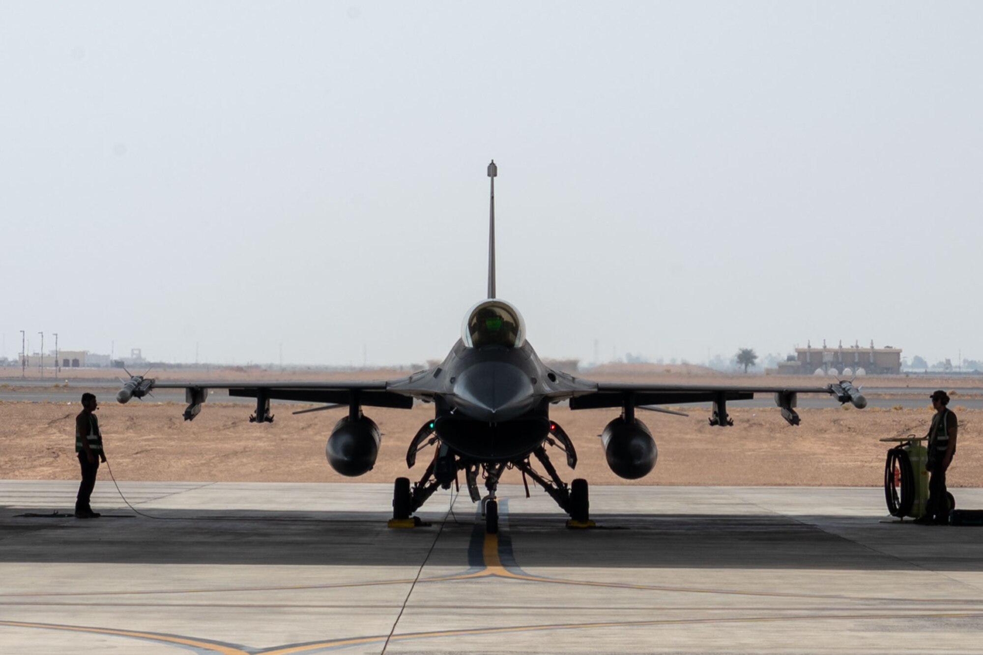 A U.S. Air Force F-16 Fighting Falcon assigned to the 555th Expeditionary Fighter Squadron, prepares for take-off at King Faisal Air Base in Tabuk, Saudi Arabia, Aug. 15, 2023, during Operation Agile Spartan 23.2. Operation Agile Spartan demonstrates the commitment the U.S. has to its partnerships by maintaining interoperability with partner nations, and ensuring regional security by developing response options to deter adversaries. (U.S. Air Force photo by Staff Sgt. Christopher Sommers)