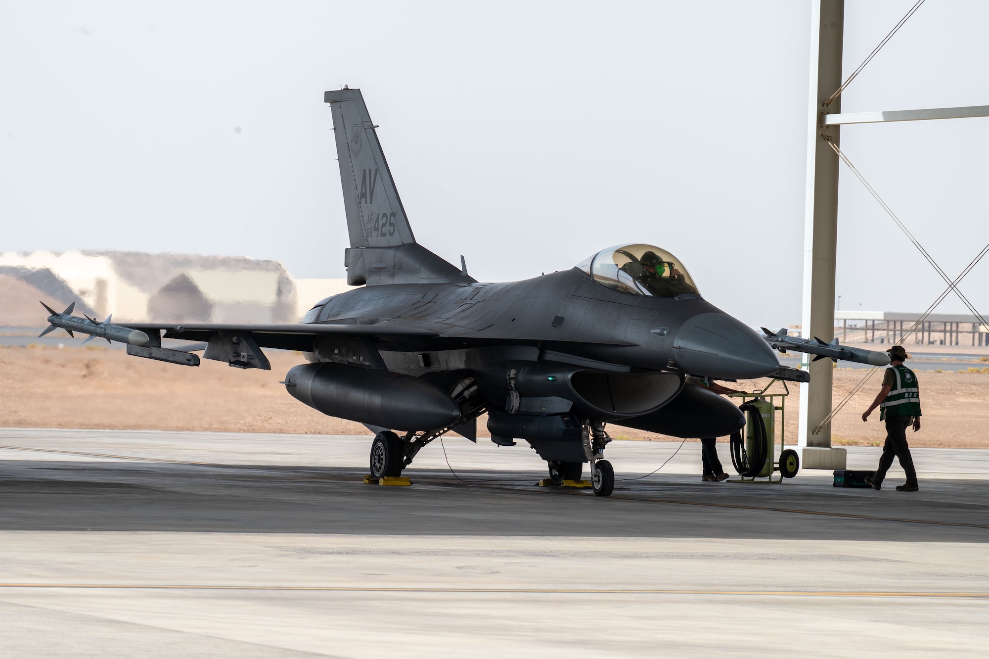 A U.S. Air Force F-16 Fighting Falcon assigned to the 555th Expeditionary Fighter Squadron, prepares for take-off at King Faisal Air Base in Tabuk, Saudi Arabia, Aug. 15, 2023, during Operation Agile Spartan 23.2. Operation Agile Spartan is an exercise designed to increase interoperability around partners and allies in the region while advancing agile combat employment capabilities across U.S. Central Command’s area of responsibility. (U.S. Air Force photo by Staff Sgt. Christopher Sommers)