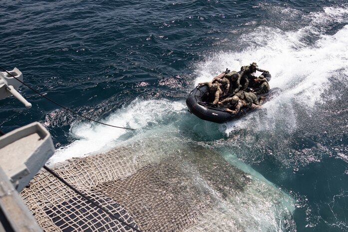 U.S. Marines with Charlie Company, 1st Light Armored Reconnaissance Battalion, 1st Marine Division, and Mexican Infantería de Marina personnel practice steering combat rubber raiding craft into the well deck of the Armada de México tank landing ship ARM Usumacinta during rehearsals as part of Exercise Phoenix/Aztec Alligator 2023 off the coast of Santa Margarita Island, Mexico, July 9, 2023. Exercise Phoenix/Aztec Alligator 2023 is the first iteration of a biennial, bilateral amphibious operations training exercise to develop operational compatibility between Mexico’s Secretaría de Marina and U.S. Marines.