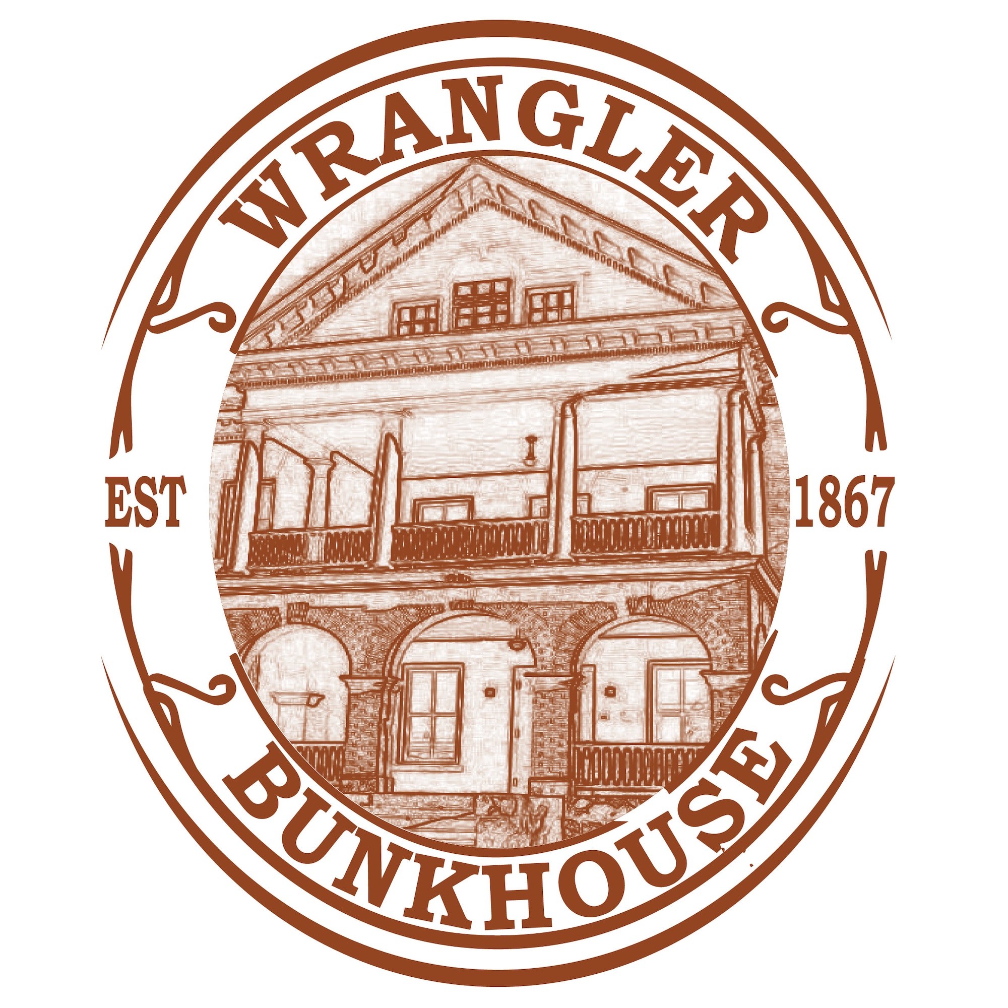 logo depicting brick housing with est 1867 and Wrangler Bunkhouse adorning