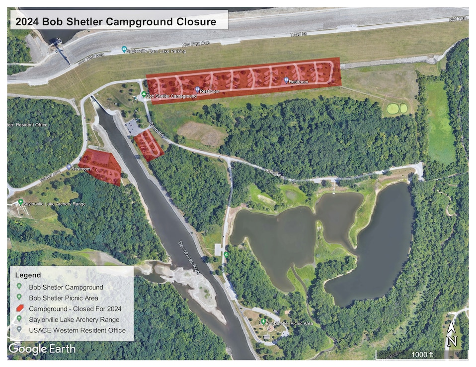 This image shows the areas at Bob Shetler Campground at Saylorville Lake that will be closed for the 2024 recreation season.