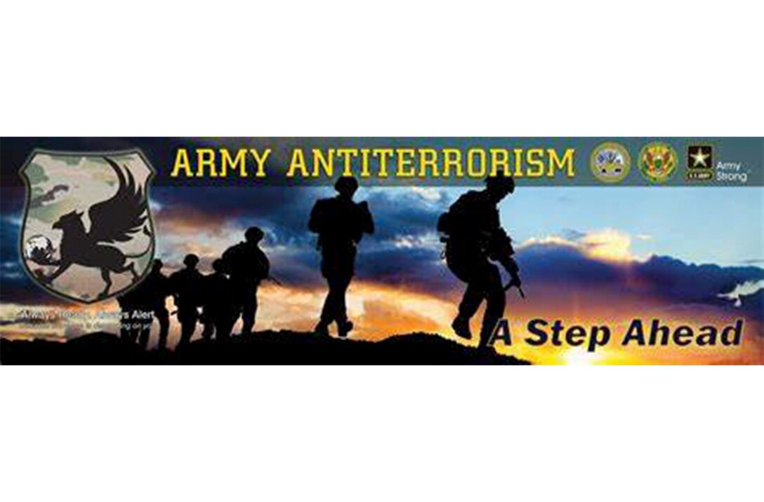The U.S. Army’s Antiterrorism message with the theme “A Step Ahead”, August 16, 2023. August is the Army’s Antiterrorism month, and the U.S. Army Corps of Engineers, Mobile District uses the month to help educate employees on the importance of antiterrorism and remaining vigilant. (Courtesy graphic)